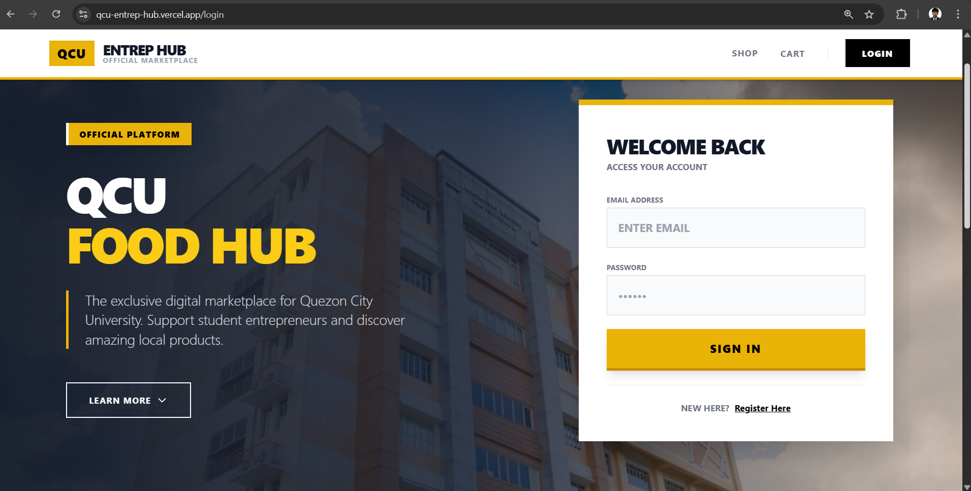 Preview of QCU Entrep Food Hub platform